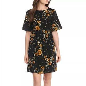 Black & Yellow Floral Bell-Sleeve Shift Dress